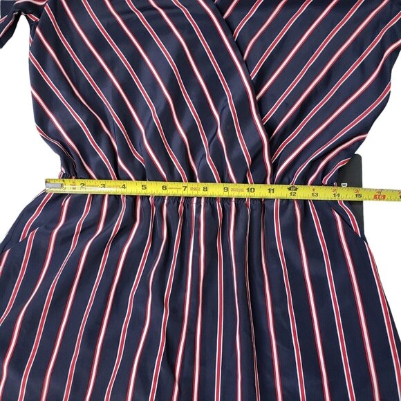 Striped Navy & Red Long-Sleeve Wrap Romper By Korye pockets Size M - Picture 11 of 12